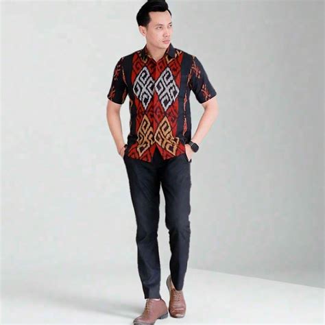 jual kemeja tenun pria lengan pendek hitam merah baju batik etnik