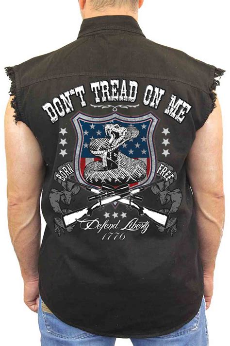 Men S Sleeveless Denim Shirt USA Flag Don T Tread On Me Biker