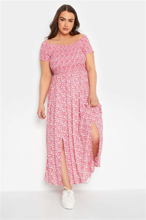 Yours Plus Size Pink Ditsy Floral Bardot Maxi Dress Yours Clothing