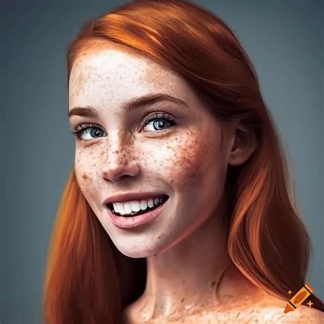 Close Up Portrait Of A Smiling Woman With Freckles And Auburn Hair On