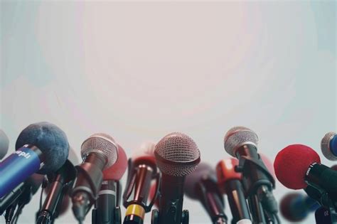 premium photo press conference  microphones  white background