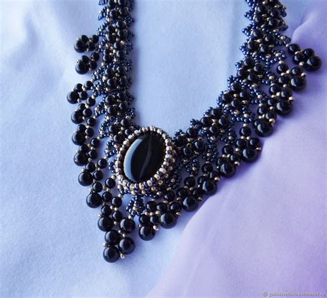 Колье "Блеск ночи" черный агат бисер камни ручная работа купить в ...