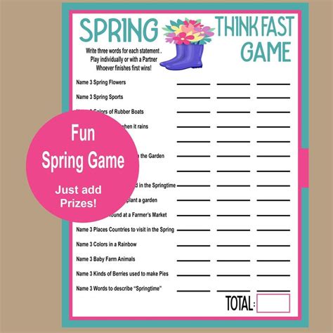 Spring Trivia Game Think Fast Game Spring Printable Games Fun Spring