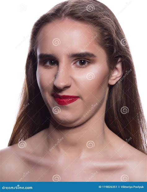 Smirking Brunette Girl With Bright Makeup And Naked Shoulders P Stock Image Image Of Excited