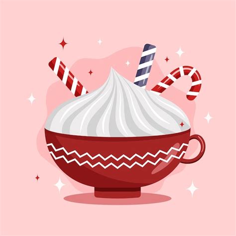 Premium Vector Christmas Hot Drink In A Cup With Whipped Cream And Sweet Cane Vector Illustration