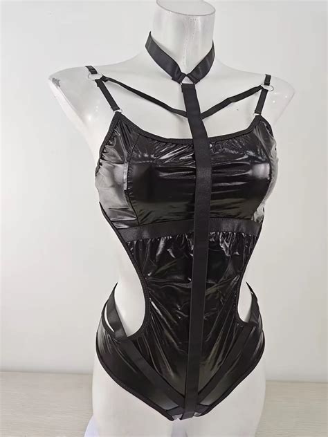Mature Erotic Woman Sexy Lingerie Patent Leather Hollow Bodysuit Gaming Teddy Lingerie Bodysuits
