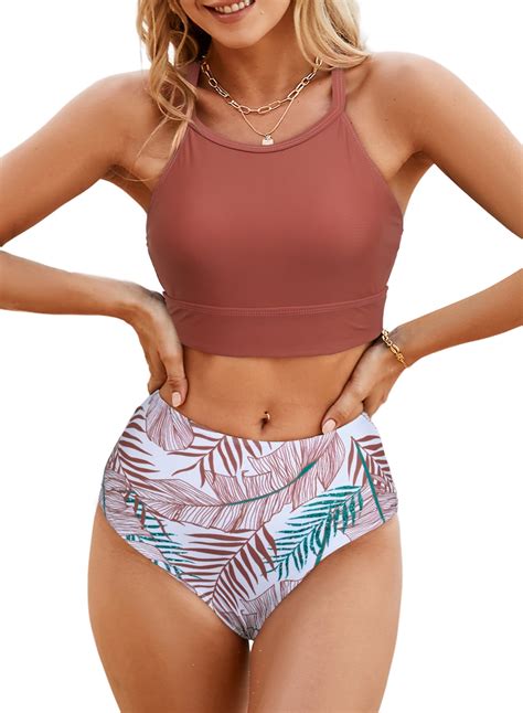 Aleumdr Women S Bikini Sets 2 Pieces Swimsuits High Neck Bathing Suits Tummy Control Bikini Crop