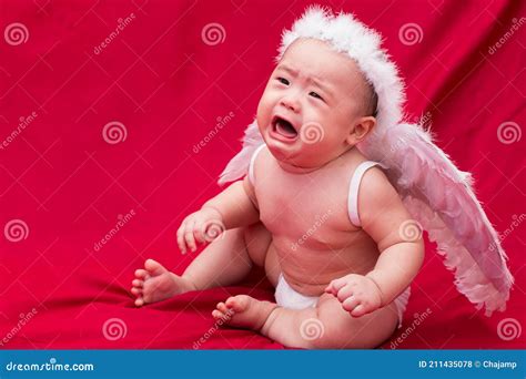 Sad Baby Cupid On Red Background Stock Photo Image Of Portrait Angel