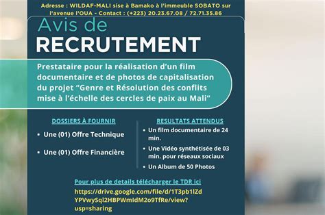 WILDAF MALI RECRUTE PRESTATAIRE POUR LA REALISATION D UN FILM H F Y A