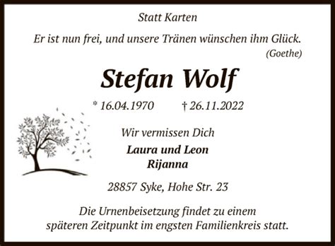 Traueranzeigen Von Stefan Wolf Trauer Kreiszeitung De