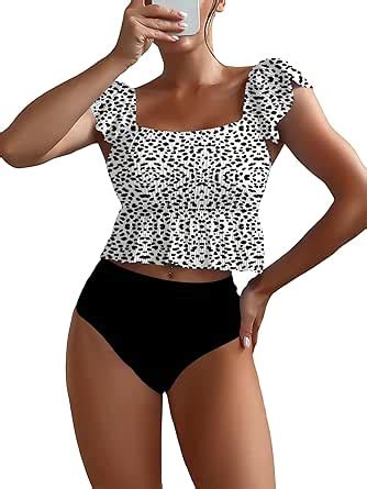 Amazon Makemechic Women S Piece Bathing Suits Striped Ruffle Trim High Waisted Bikini