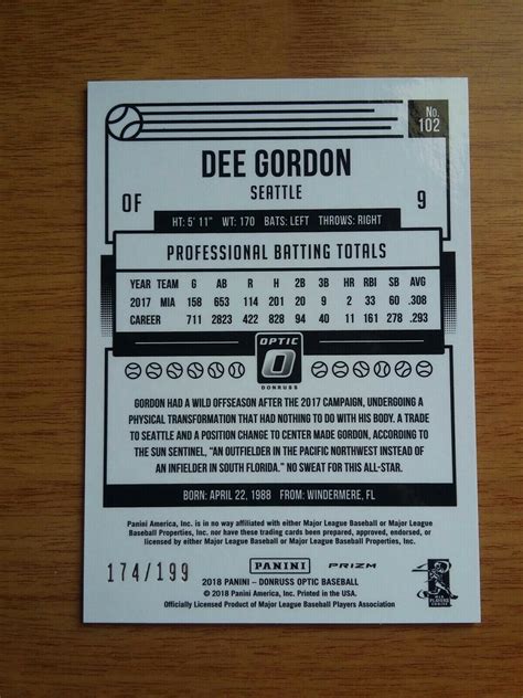 DEE GORDON 2018 DONRUSS OPTIC ORANGE PRIZM BASEBALL CARD 9 D 199