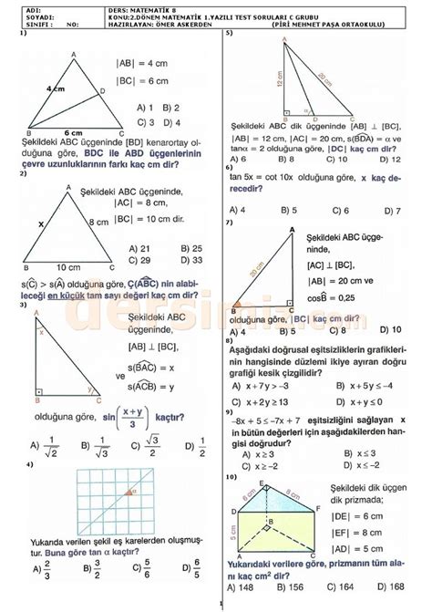 8 Sınıf matematik dersi 2 dönem 1 yazılı sınav soruları ve cevapları 3