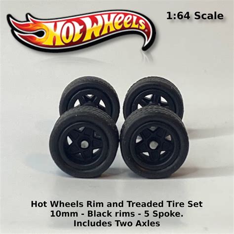 Hot Wheels Mm Mm Black With Black Rims Spoke Treaded Rubber Tire Set Collectable