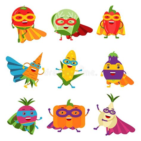 Superheroes Vegetables In Different Costumes Set Of Colorful Vector