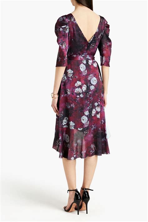 Marchesa Notte Belted Floral Print Crepon Midi Dress Sale Up To