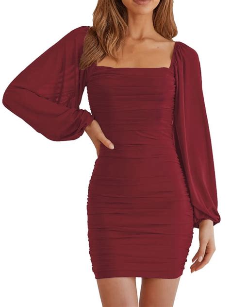 Inadays Womens Mesh Long Sleeve Square Neck Ruched Party Club Cocktail Bodycon Mini Dress Wine