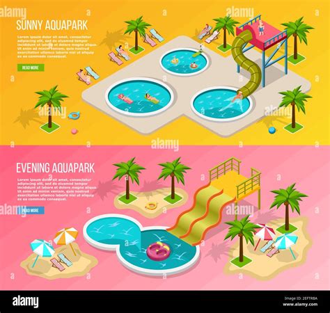 Two Horizontal And Colored Isometric Aqua Park Banner Set With Sunny