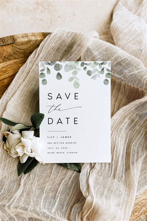 Eucalyptus Minimalist Save The Date Editable Template Greenery