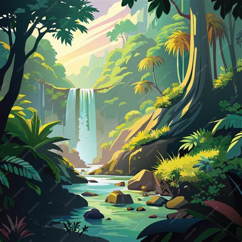 Premium Vector | A painting of a waterfall with a jungle scene and a