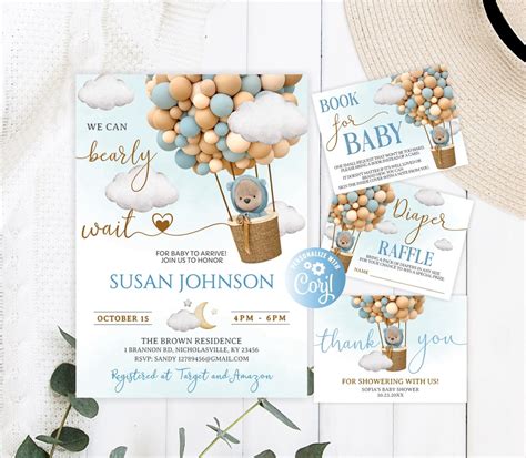 Editable Boy Bear Hot Air Balloon Baby Shower Invitations Set Editable We Can Bearly Wait Baby