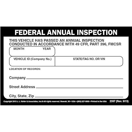 Amazon Record Of Annual Inspection Decal 25 Pk Black Printed