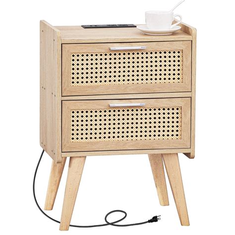 Hhetogol Rattan Nightstand With Charging Station Rattan Like Decor