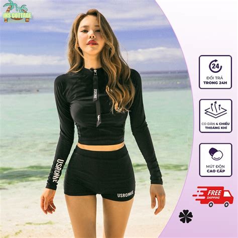 INSáo bơi nữ đồ bơi kín đáo 2 mảnh đen đồ bơi nữ tay dài quần bơi nữ chống nắng bikini đi biển