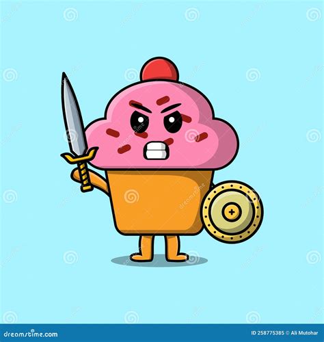 Cute Cartoon Character Cupcake Holding Sword Stock Vector