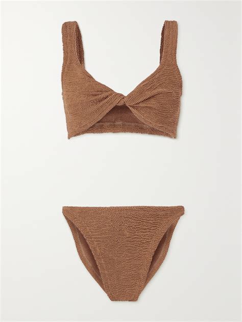 Hunza G Net Sustain Juno Twist Front Seersucker Bikini In Brown Modesens