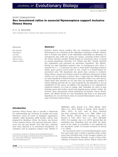 PDF Sex Investment Ratios In Eusocial Hymenoptera Support Inclusive Fitness Theory