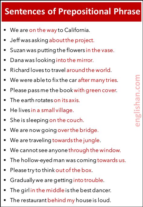 examples  prepositional phrases  sentences