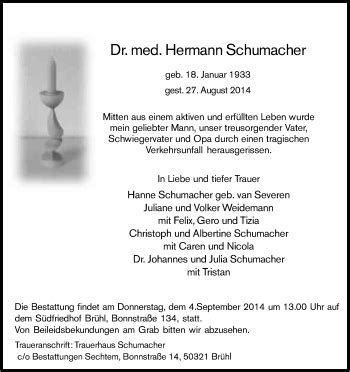 Traueranzeigen Von Hermann Schumacher WirTrauern