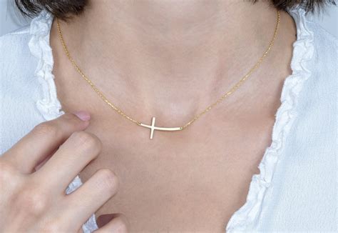 14k Gold Sideways Cross Necklace Off Center Cross Necklace Silver Sideways Crucifix Necklace