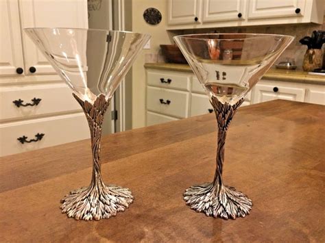 Set Of 2 Grey Goose Vodka Crystal Pewter Vine Tree Stem Cocktail Glasses Martini Greygoose