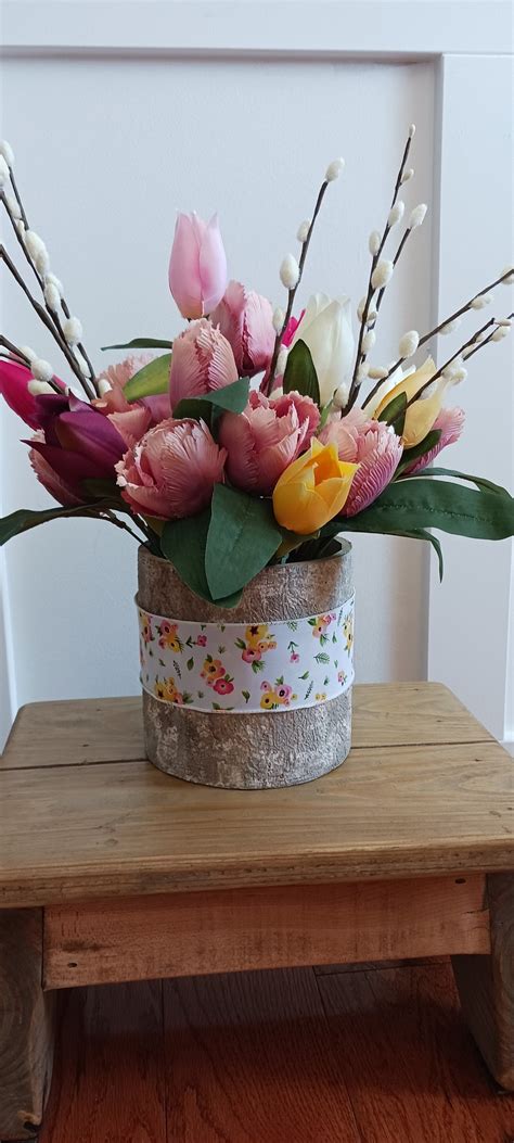 Spring Tulip Pussy Willow Easter Silk Flower Arrangement Etsy