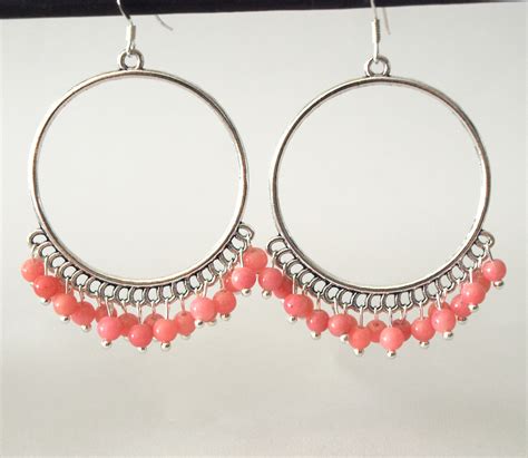 Large Hoop Earrings With Pink Salmon Hoop Earrings Agate Gemstone