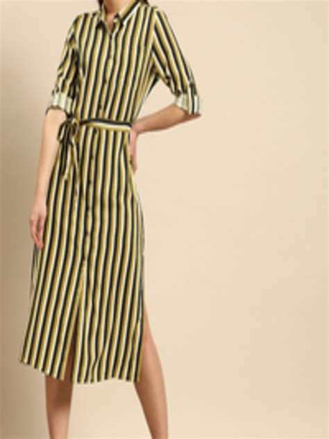 Buy DressBerry Women Mustard Yellow Navy Blue Striped Shirt Dress