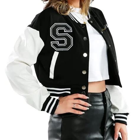 Embrace Your Edgy Style with Our Black Crop Varsity Jacket