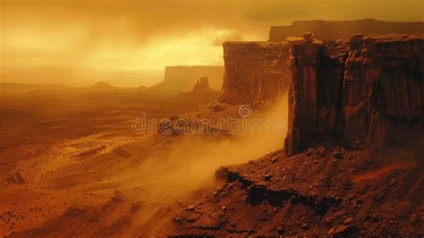 Dust Storms Sweep Across Rugged Canyons At Sunset In The Desert