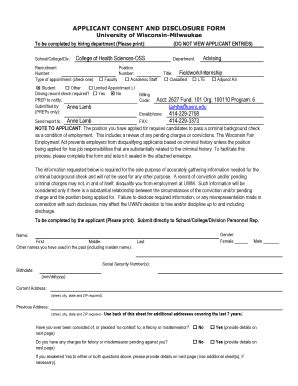 Fillable Online Www4 Uwm Applicant Consent And Disclosure Form Fax