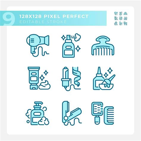 2d Pixel Perfect Collection Of Icons Representing Haircare Editable Blue Thin Line