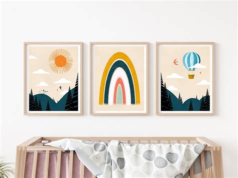 Set Of Prints Hot Air Balloon Nursery Print Rainbow Print Nordic Nursery Decor Nursery