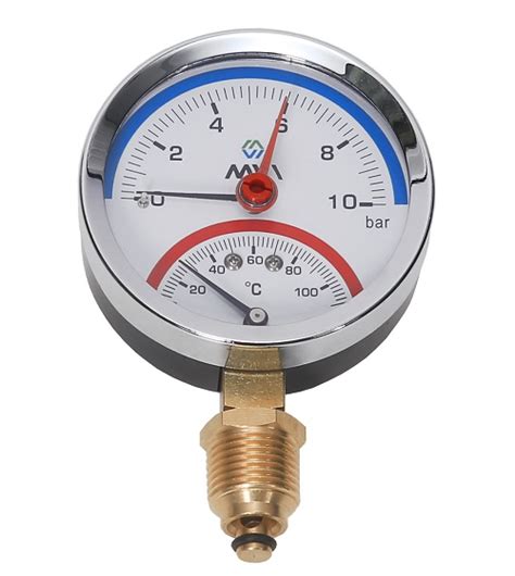 Термоманометр радиальный MVI, до 10 бар, 0°C-120°C, D80 мм, с нижним ...