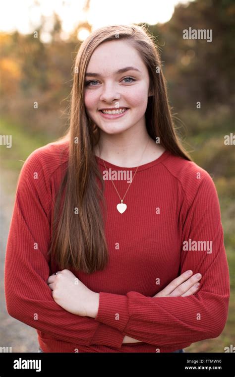 Happy Confident Camera Aware 18 Year Old Girl At Sunset On Trail