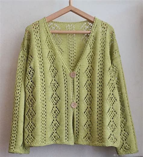 Жакет летний ажурный зеленый связан спицами из египетского хлопка на ...