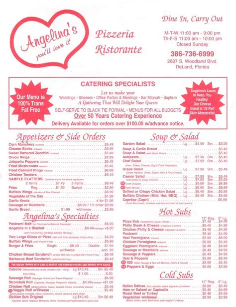 Menu at Angelina's Pizzeria, DeLand