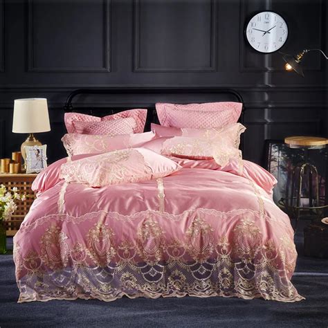 Pink Luxury Egyptian Cotton Lace Royal Bedding Set King Queen Size