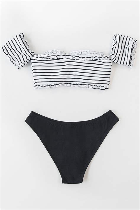 Black And White Striped Off Shoulder Bikini Cupshe Au
