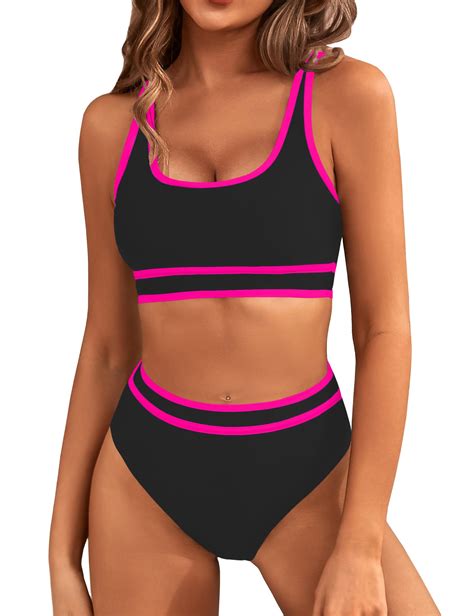 BMJL Women S High Waisted Bikini Sets Sporty Two Piece Swimsuit Color Block Cheeky High Cut